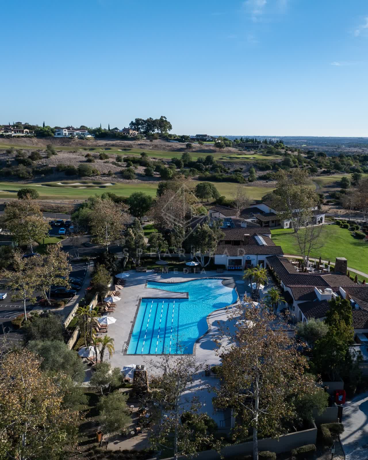 Aerial view of the country inland, homes and the buildings in Santaluz.