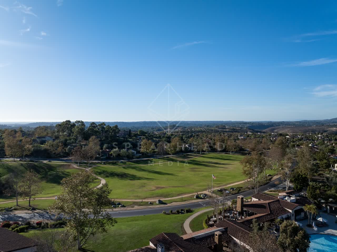 Aerial view of the country inland, homes and the buildings in Santaluz.