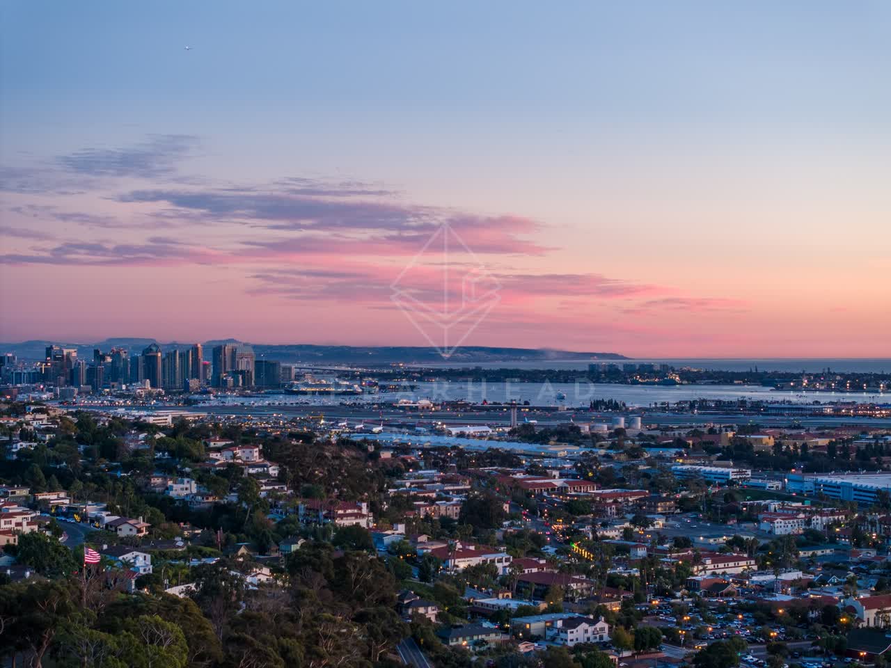 Aerial view of a residential street, the skyline and the bay in Downtown San Diego.
