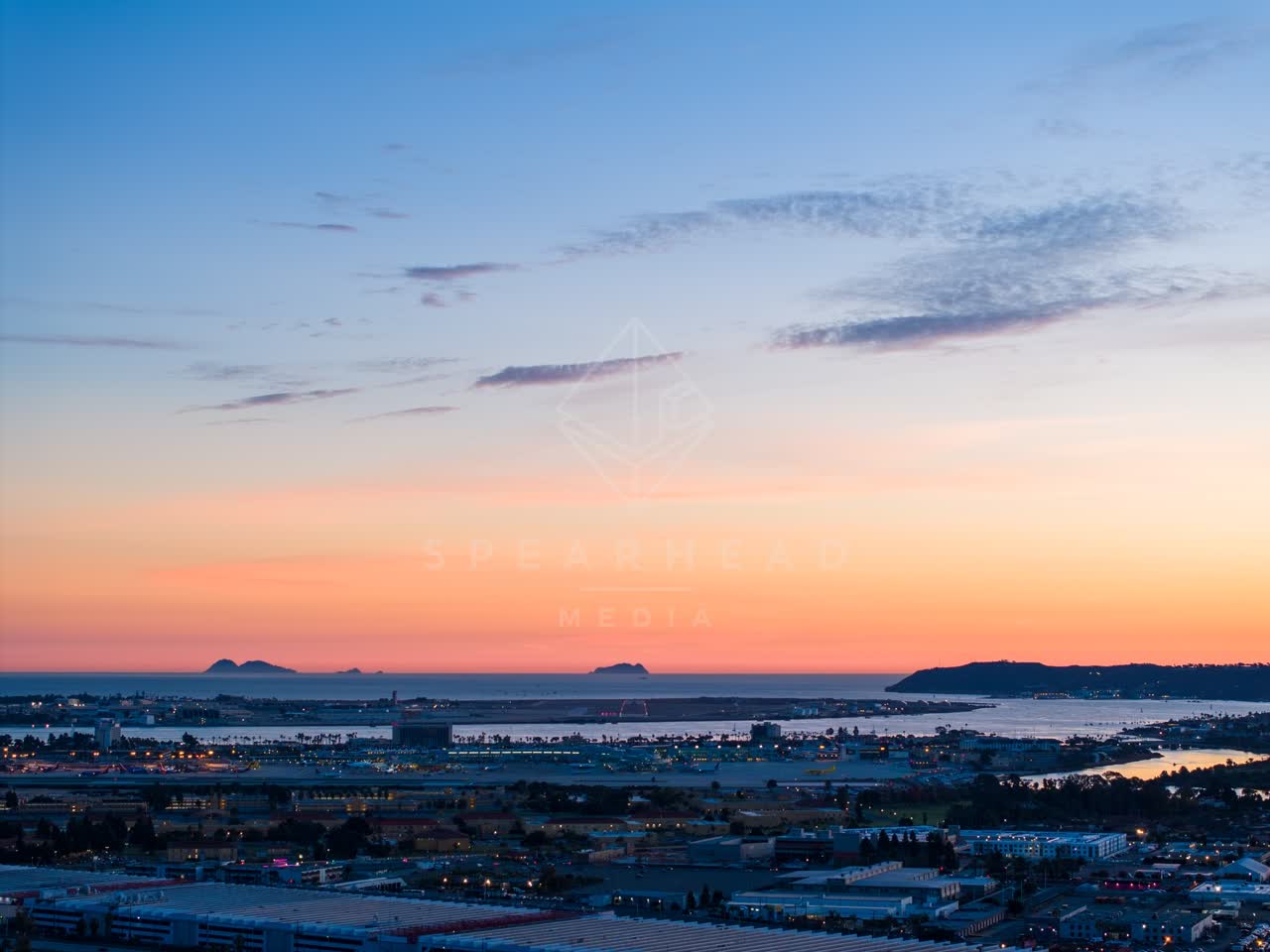 Aerial view of the downtown streets, the ocean and the bay in San Diego Bay.
