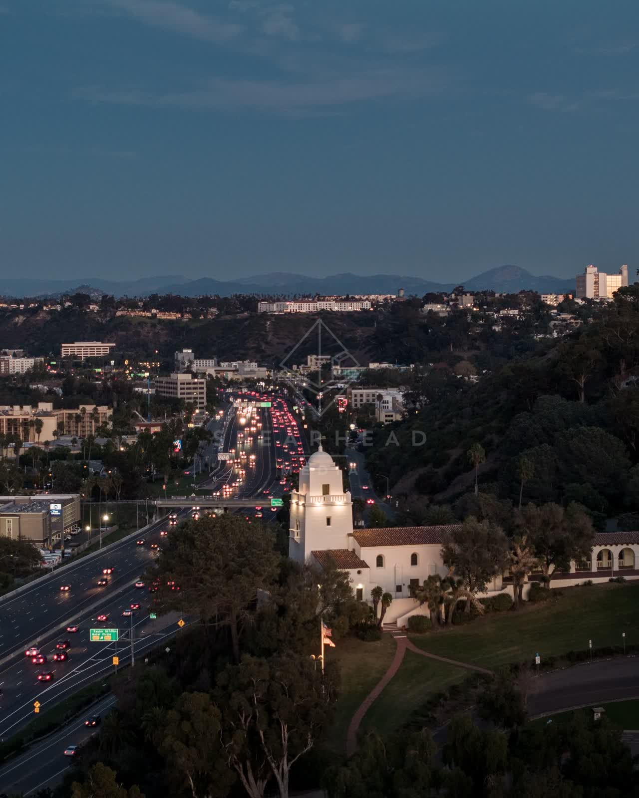 Aerial view of the country inland, homes and the buildings in Mission Hills.