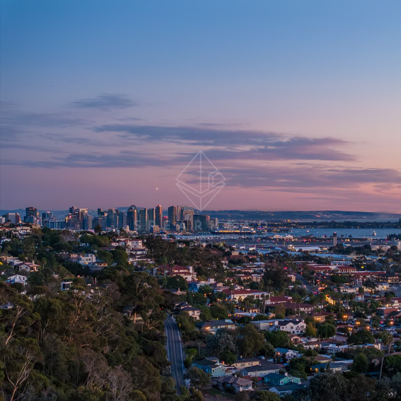 Aerial view of a residential street, the skyline and palm trees in Downtown San Diego.