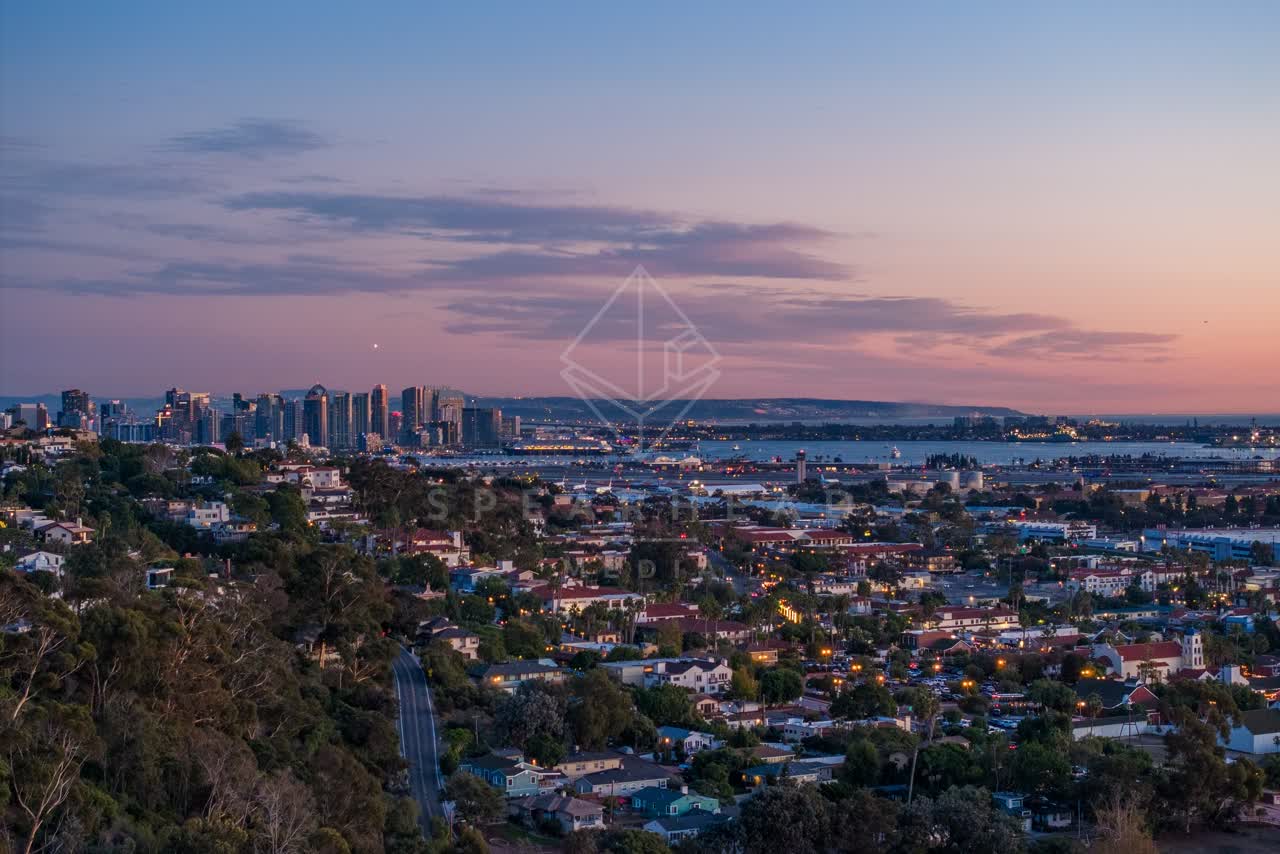 Aerial view of a residential street, the skyline and the bay in Downtown San Diego.