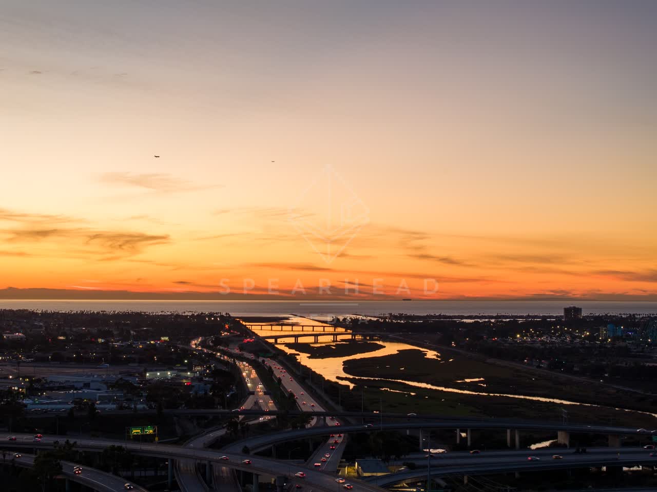 Aerial view of the harbor, the bridge and the bay in Mission Bay.