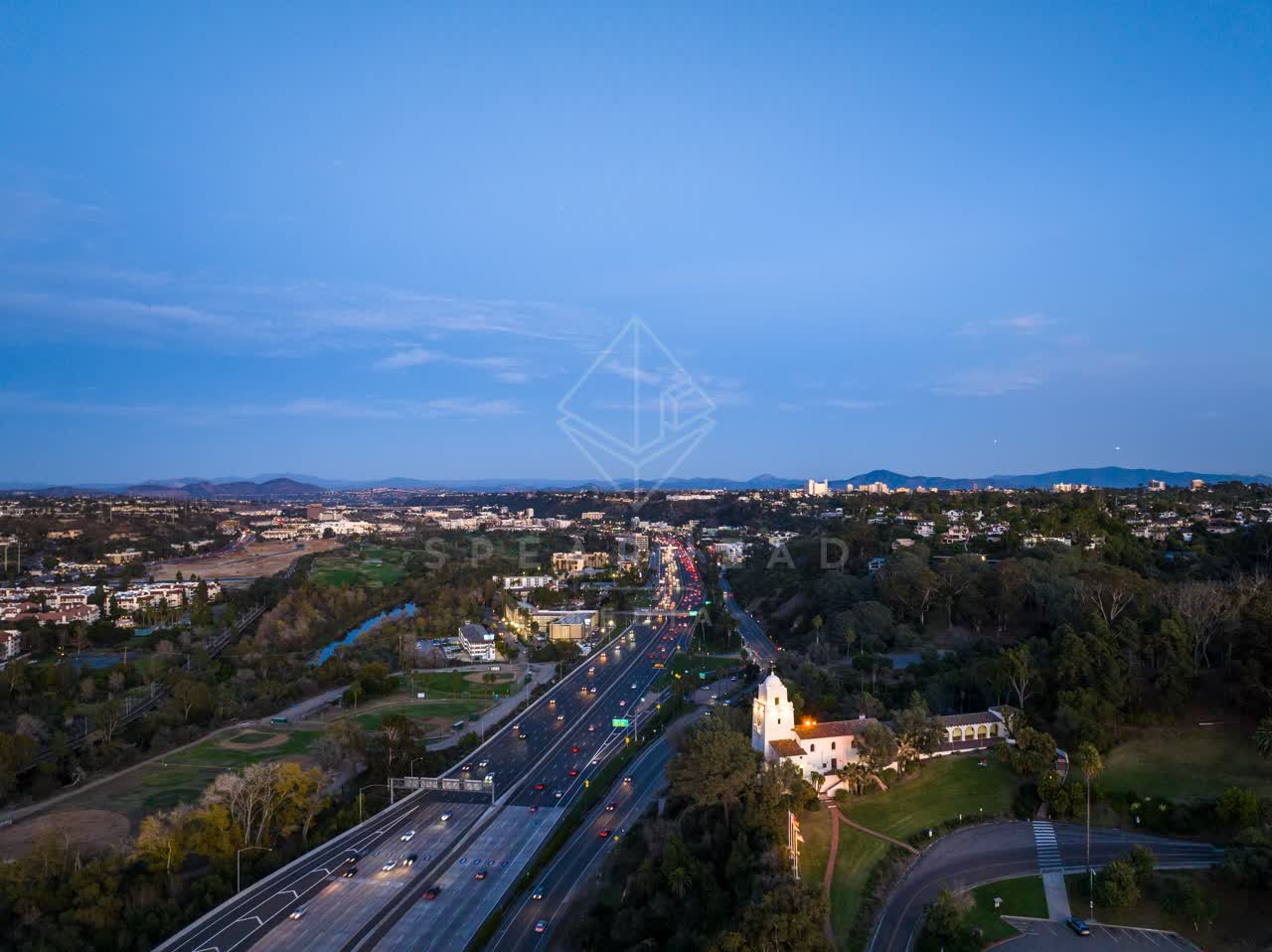 Aerial view of the country inland, the buildings and traffic in Mission Hills.