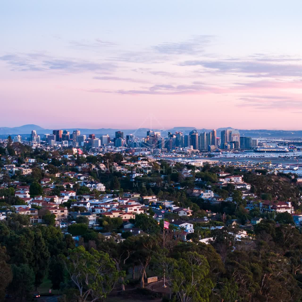 Aerial view of a residential street, the skyline and the bay in Downtown San Diego.