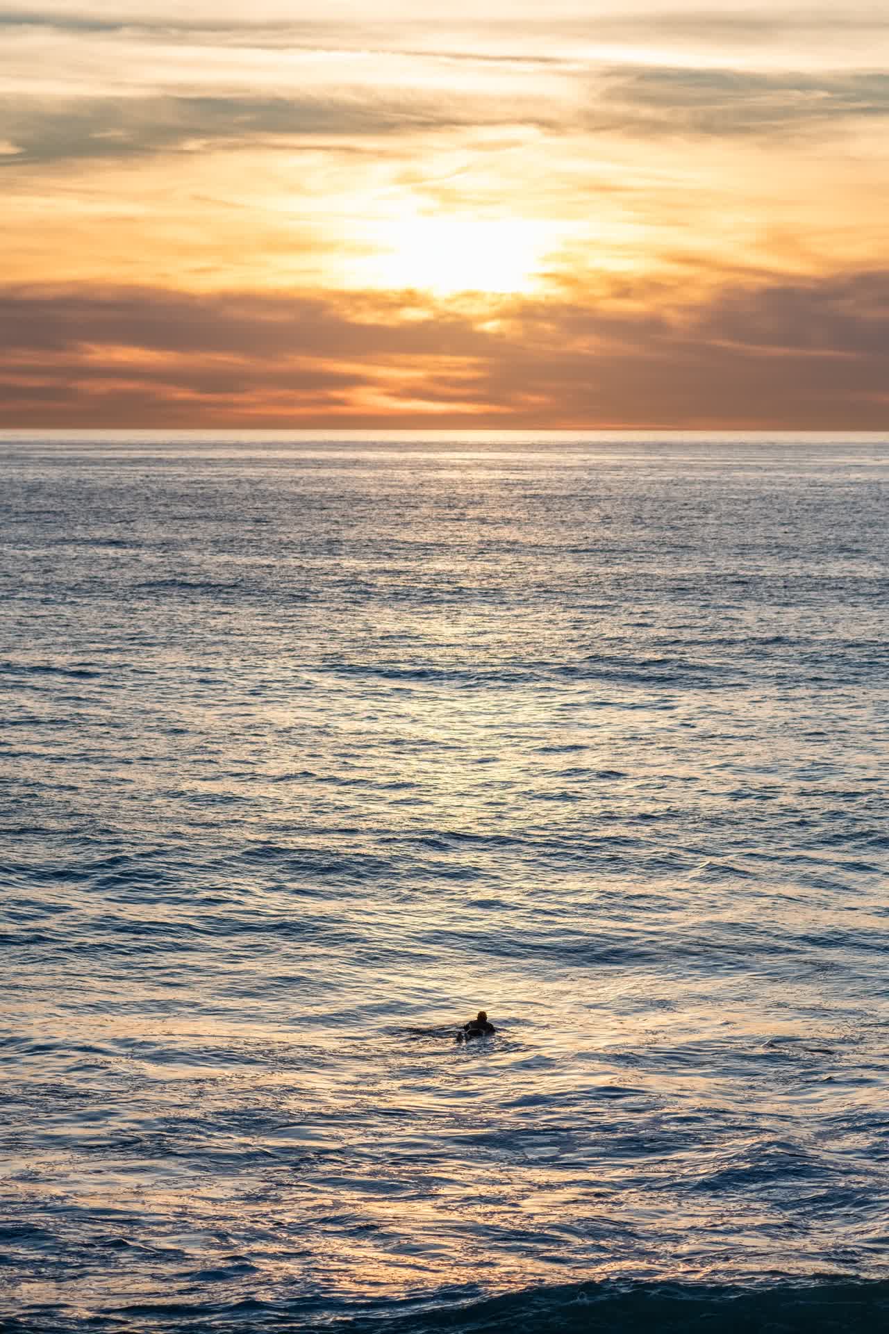 The beach, the ocean and open country at Windansea, with swimmers in the water.