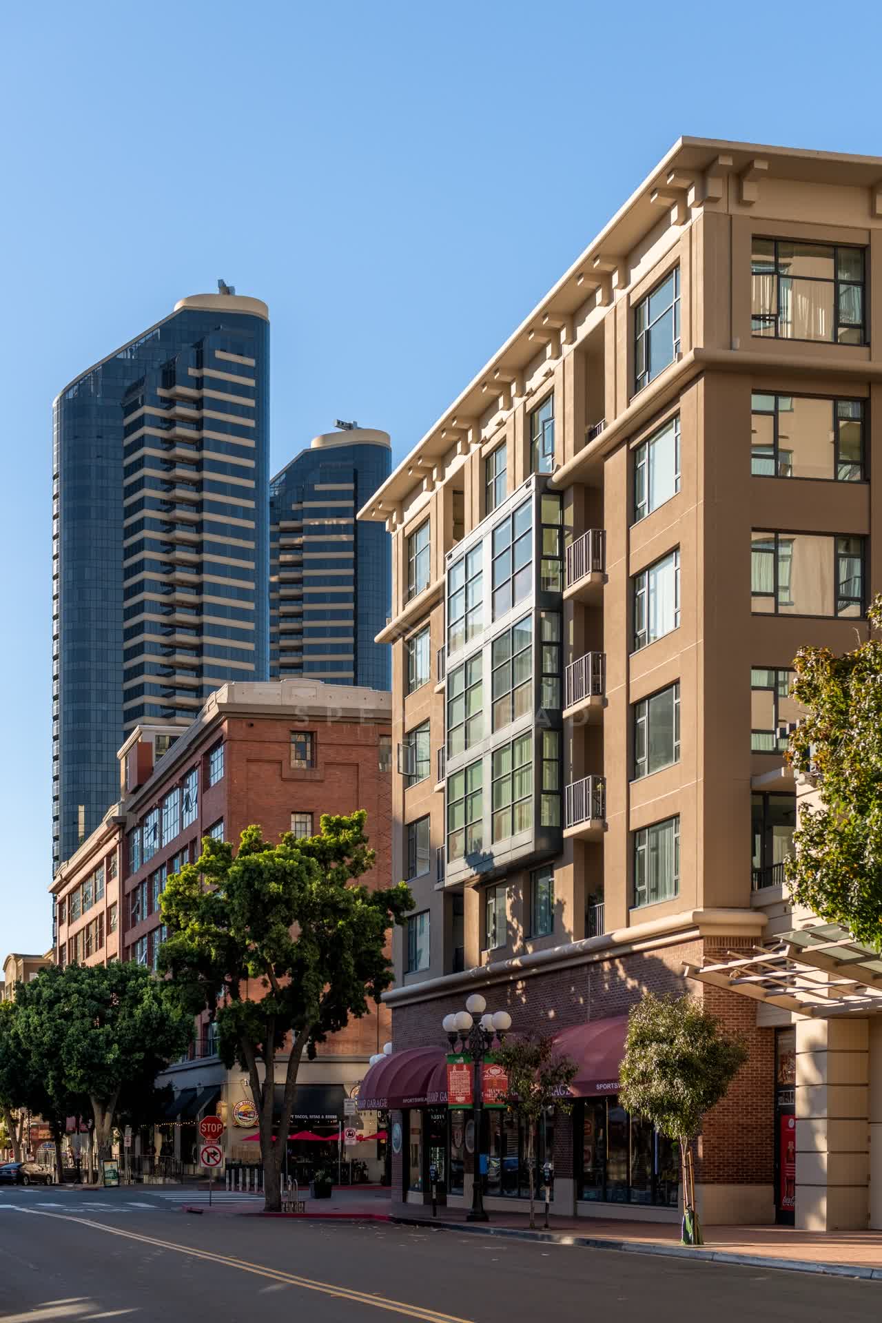 The downtown streets, the skyline and the buildings in Downtown San Diego.