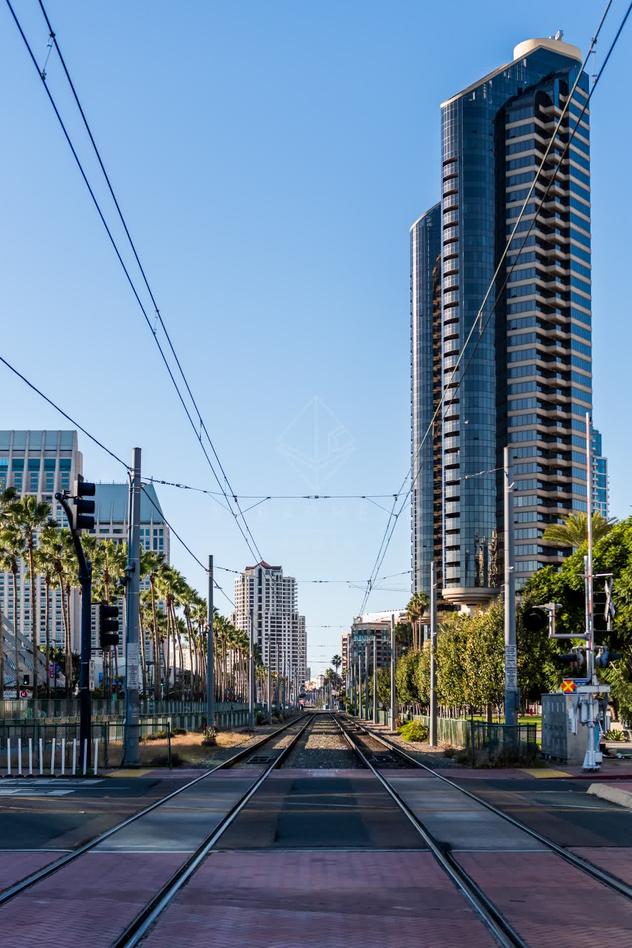 The downtown streets, the skyline and palm trees at Gaslamp.