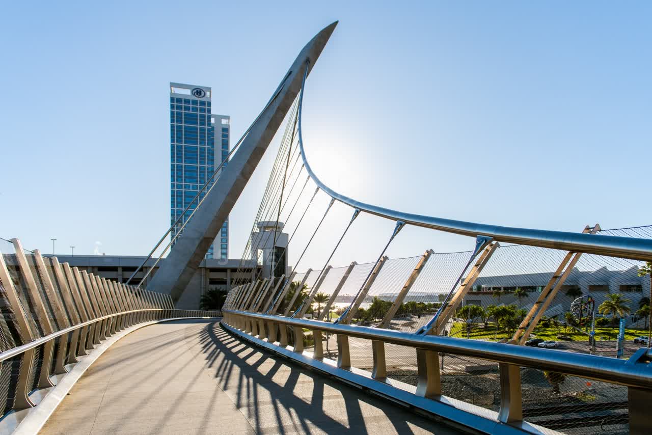 Elevated view of the downtown streets, the bridge and palm trees at East Village.
