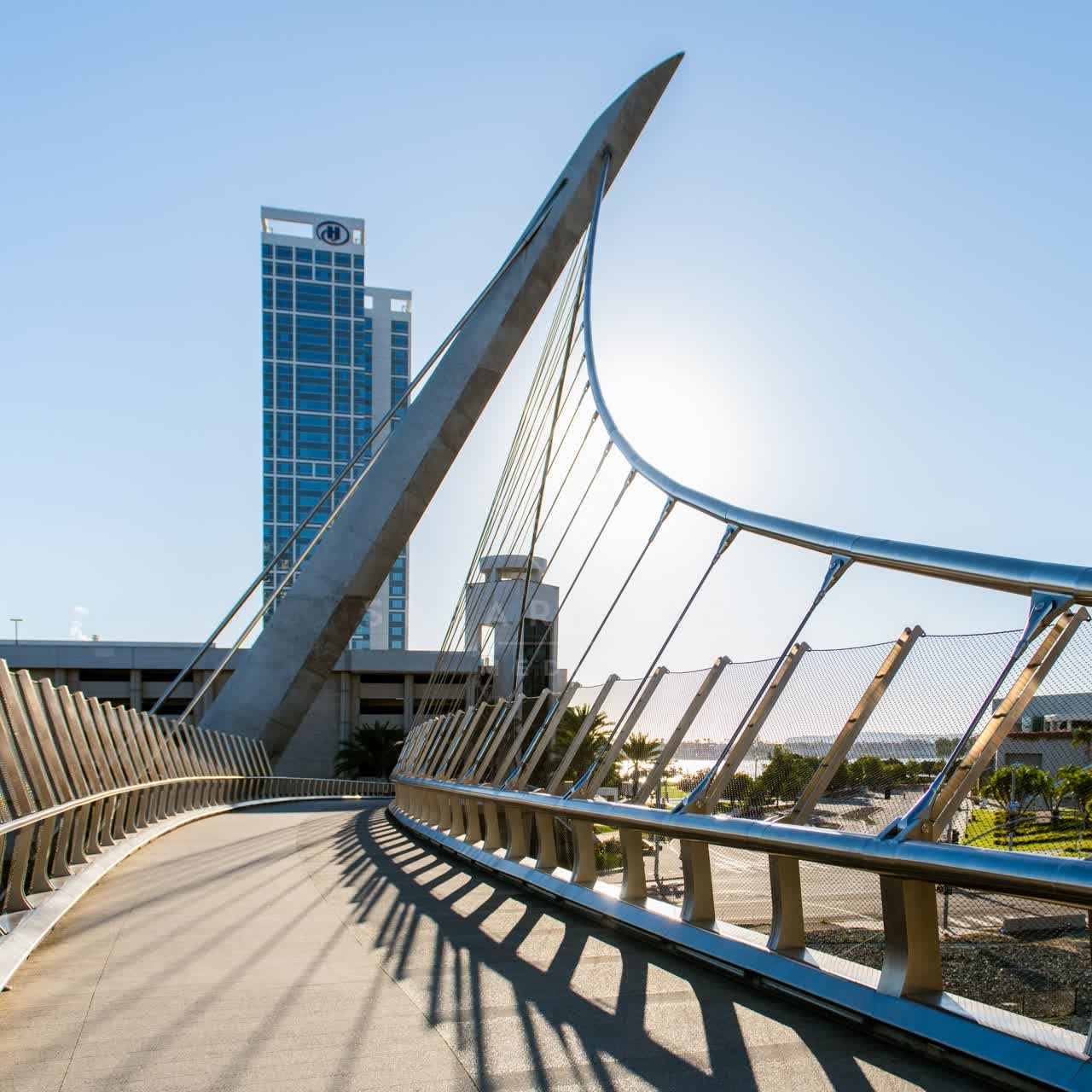 Elevated view of the downtown streets, the bridge and palm trees at East Village.