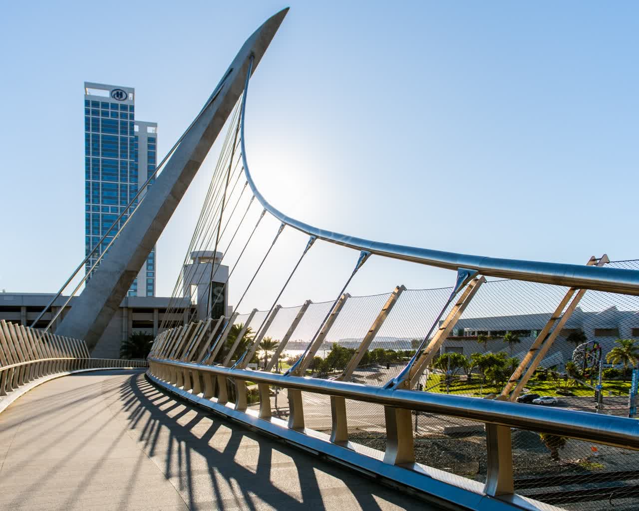 Elevated view of the downtown streets, the bridge and palm trees at East Village.