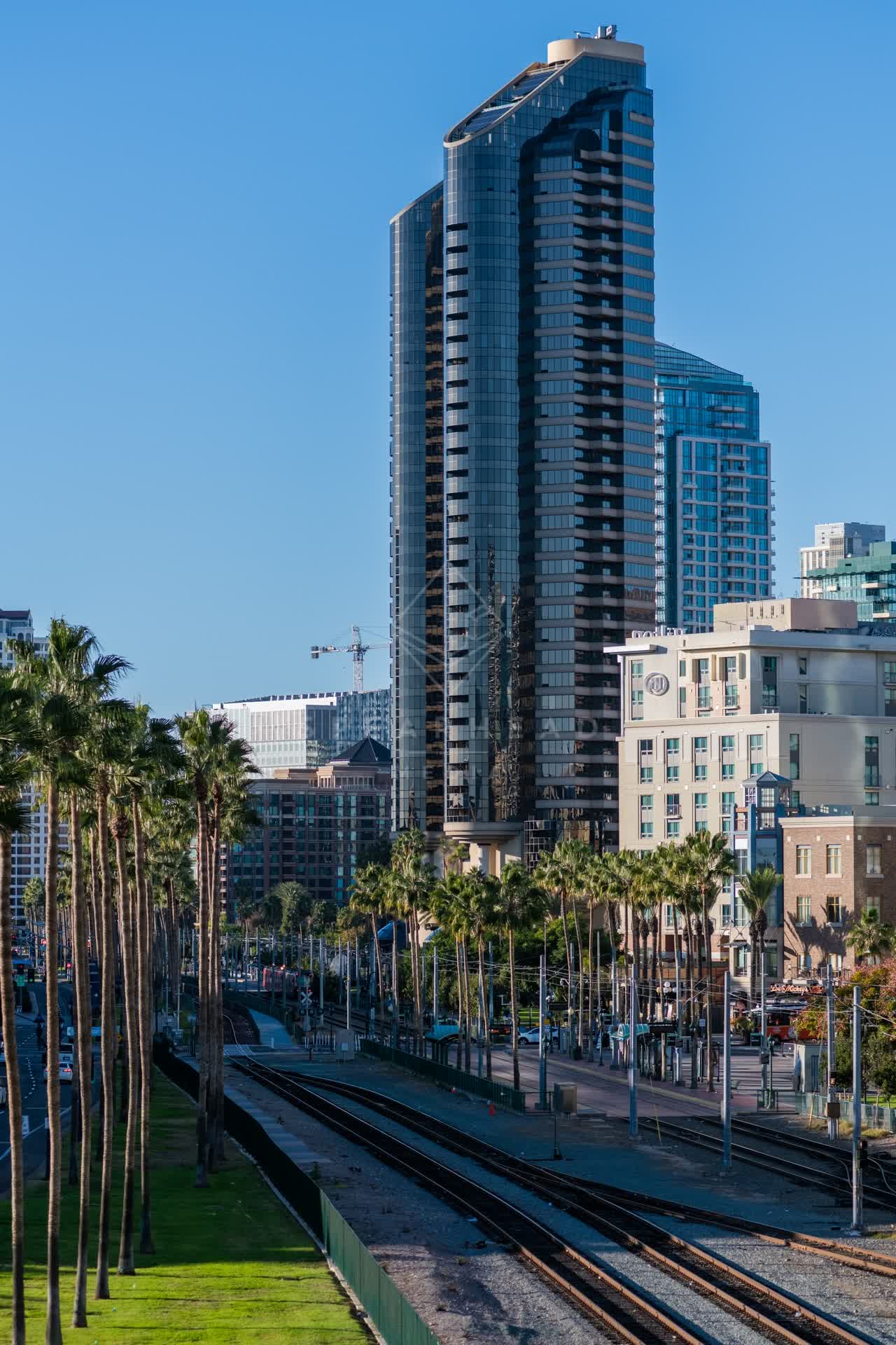 Elevated view of the downtown streets, the skyline and palm trees at Gaslamp.