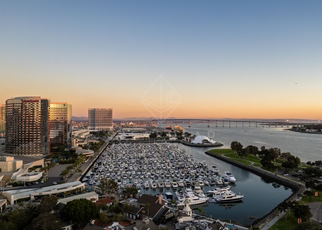 Aerial view of the harbor, the bridge and the skyline at San Diego Marina.