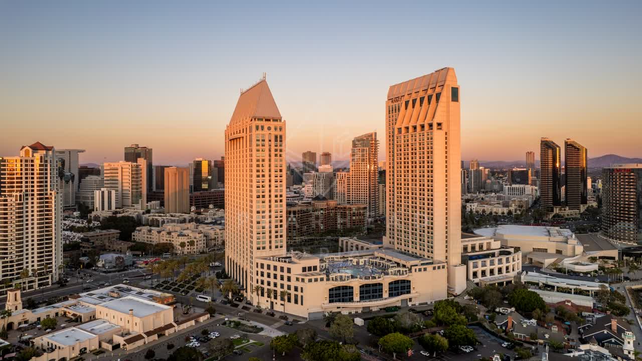 Aerial view of the downtown streets, the skyline and the buildings at San Diego Marina.