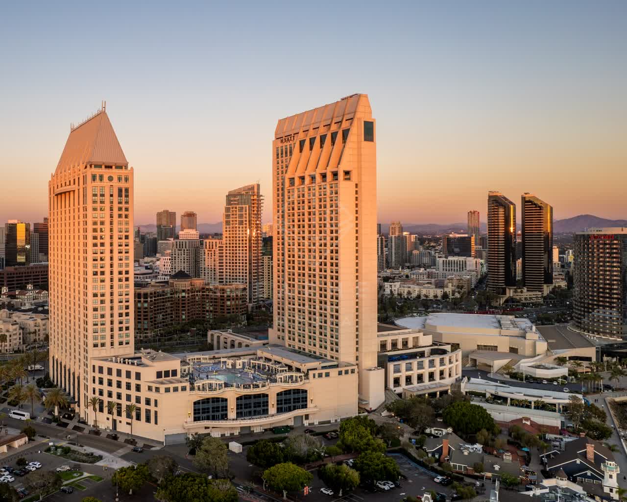 Aerial view of the downtown streets, the skyline and the buildings at San Diego Marina.
