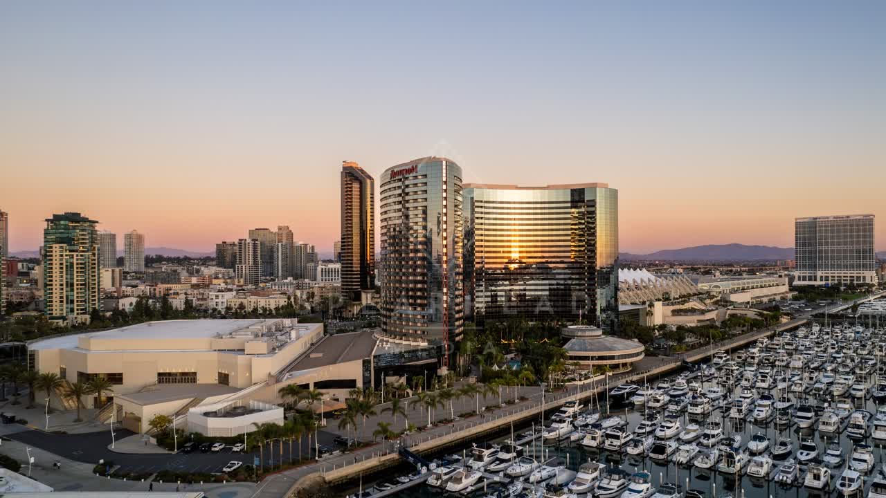 Aerial view of the downtown streets, the skyline and boats at San Diego Marina.