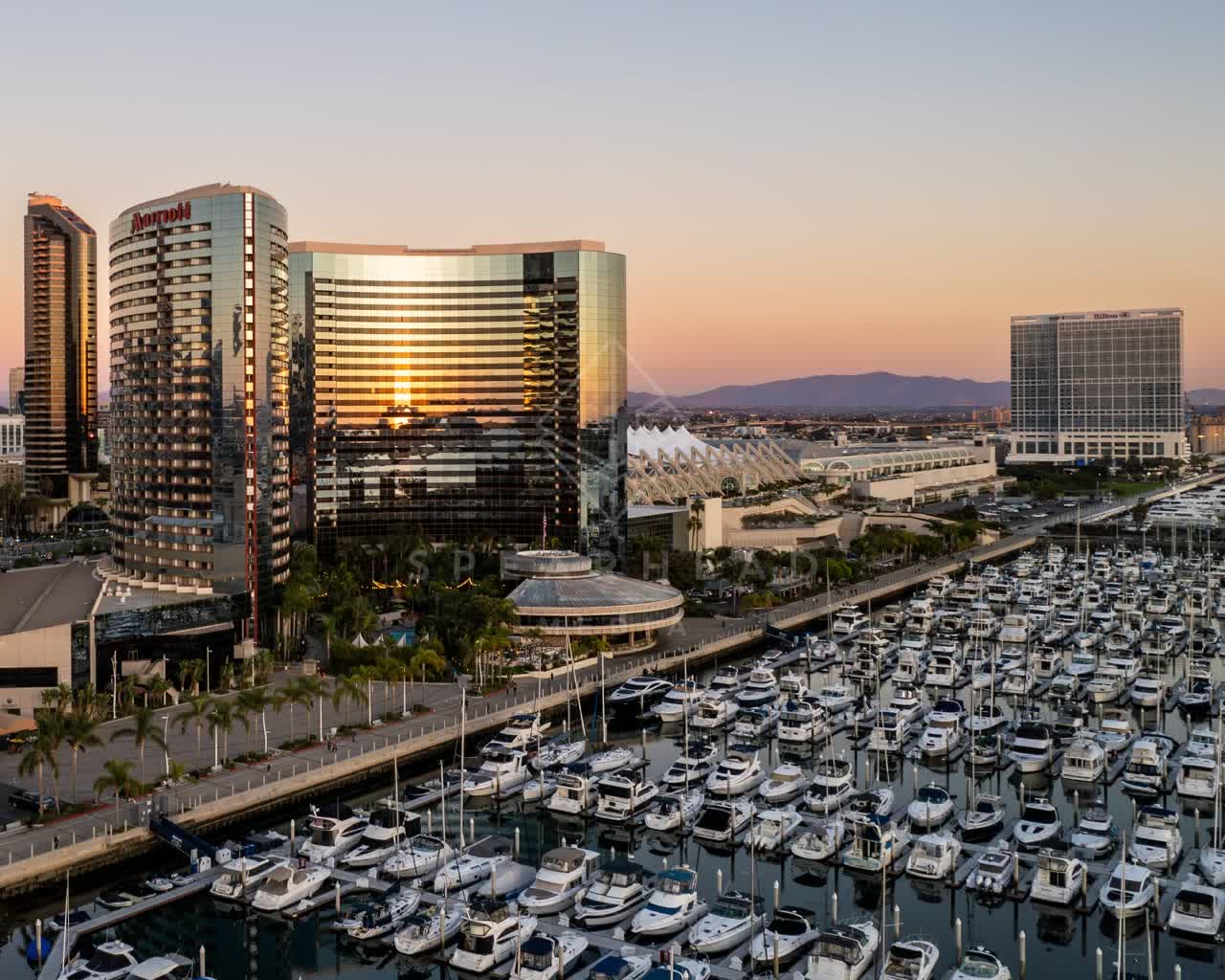 Aerial view of the harbor, the skyline and boats at San Diego Marina.