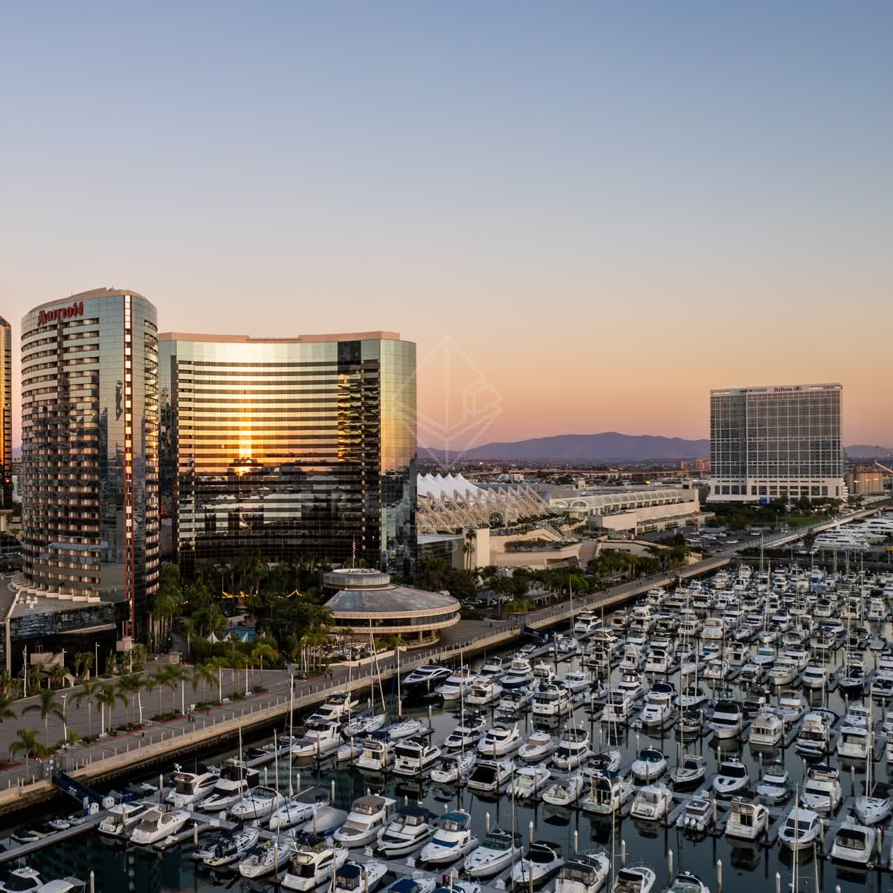 Aerial view of the harbor, the skyline and boats at San Diego Marina.