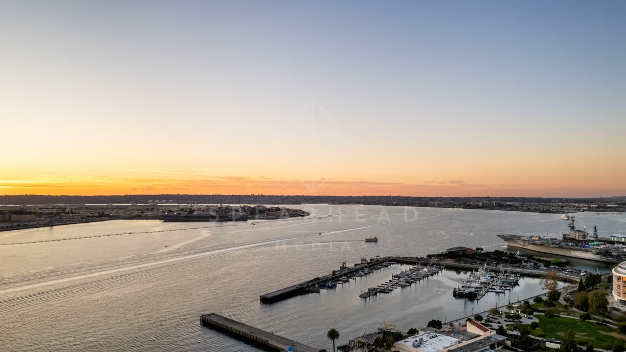 Aerial view of the harbor, boats and the bay at San Diego Marina.