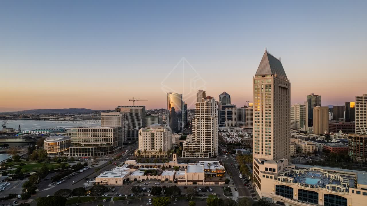 Aerial view of the downtown streets, the skyline and the bay at San Diego Marina.