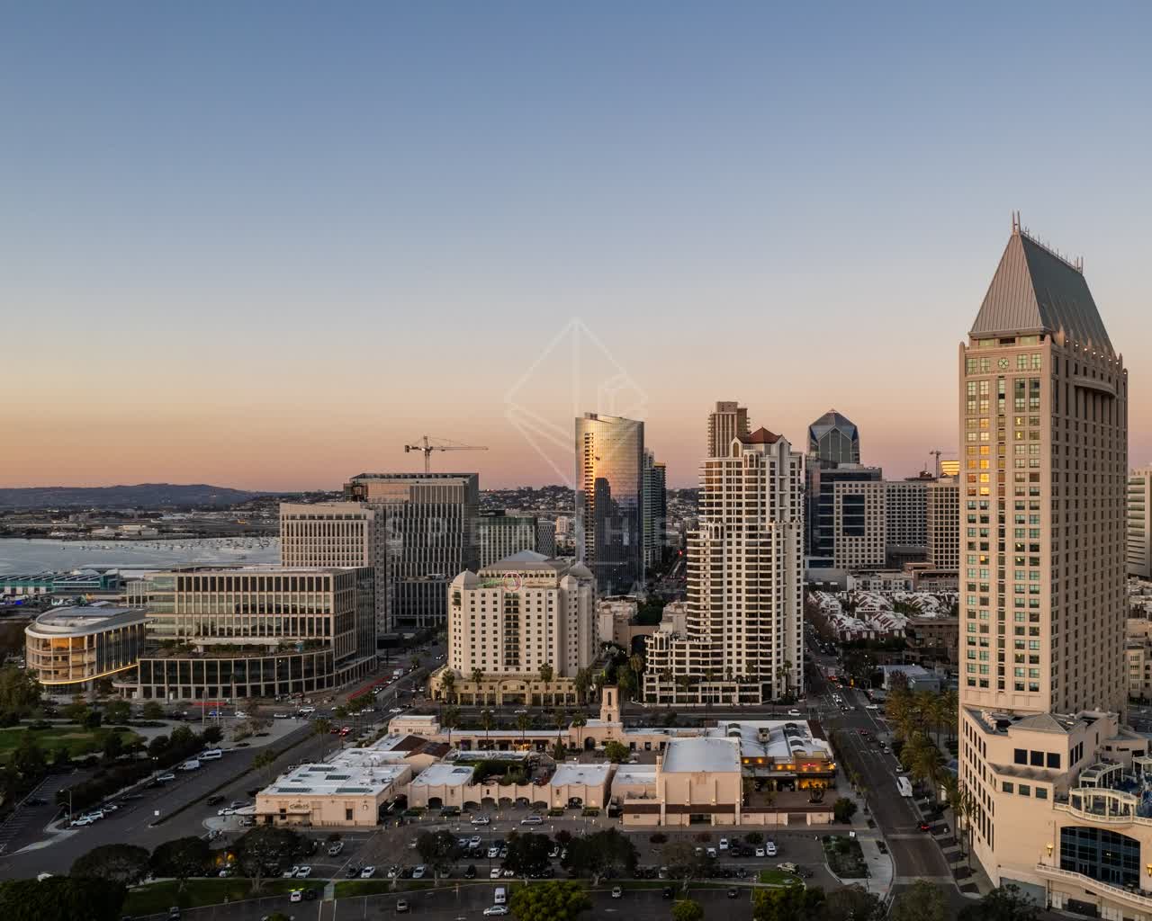 Aerial view of the downtown streets, the skyline and the bay at San Diego Marina.