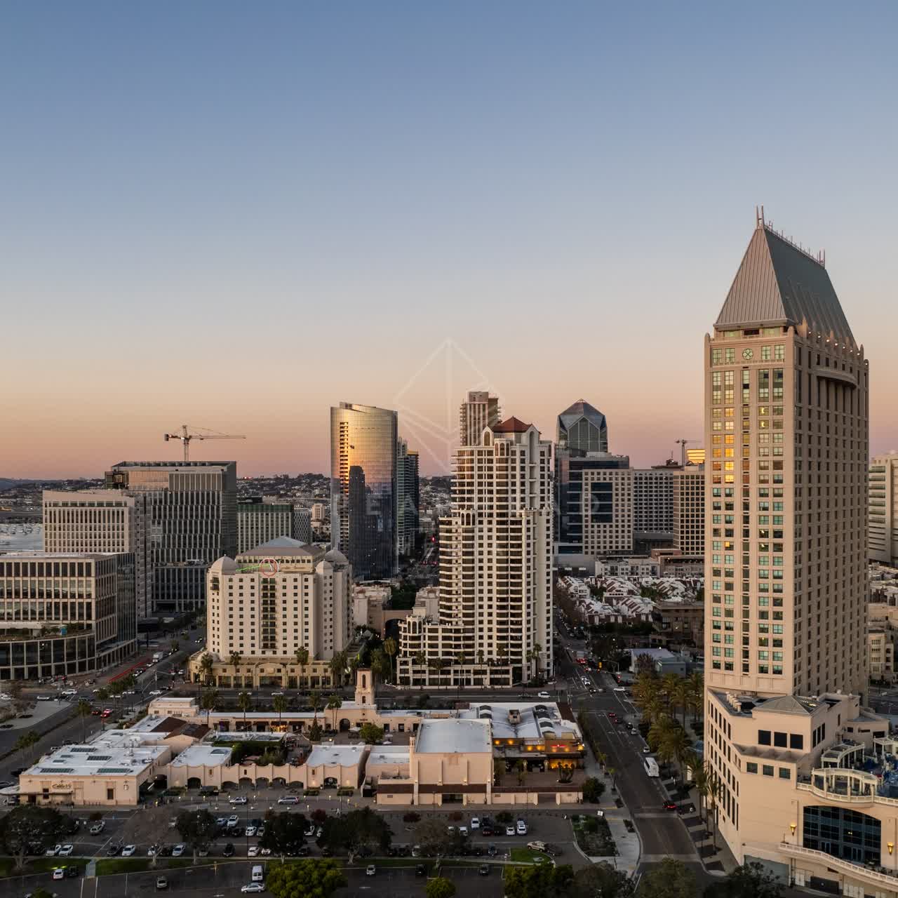 Aerial view of the downtown streets, the skyline and palm trees at San Diego Marina.