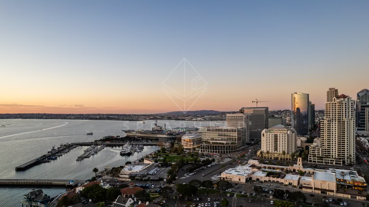Aerial view of the downtown streets, the skyline and boats at San Diego Marina.