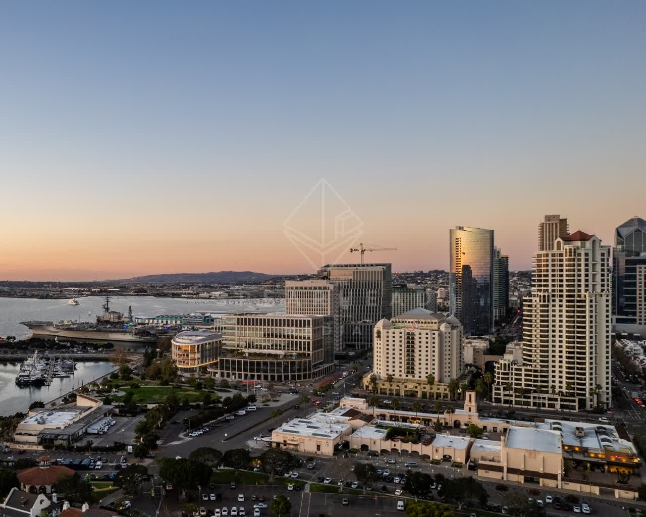 Aerial view of the downtown streets, the skyline and boats at San Diego Marina.