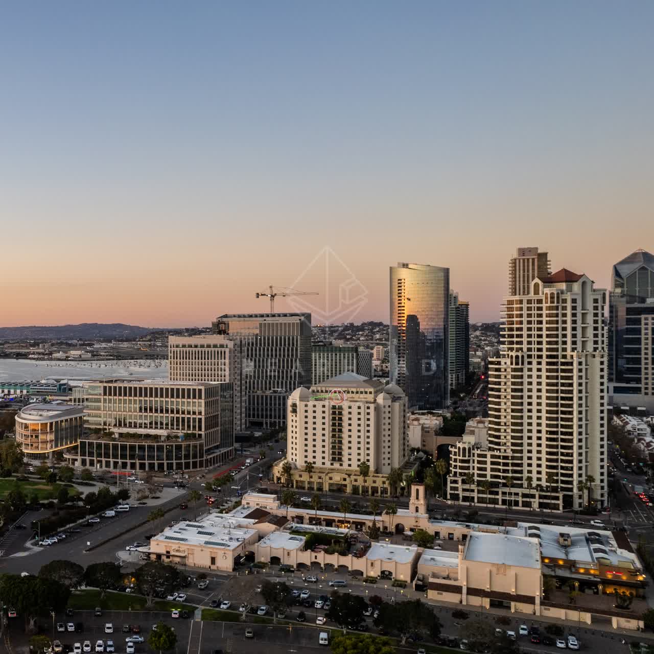 Aerial view of the downtown streets, the skyline and palm trees at San Diego Marina.