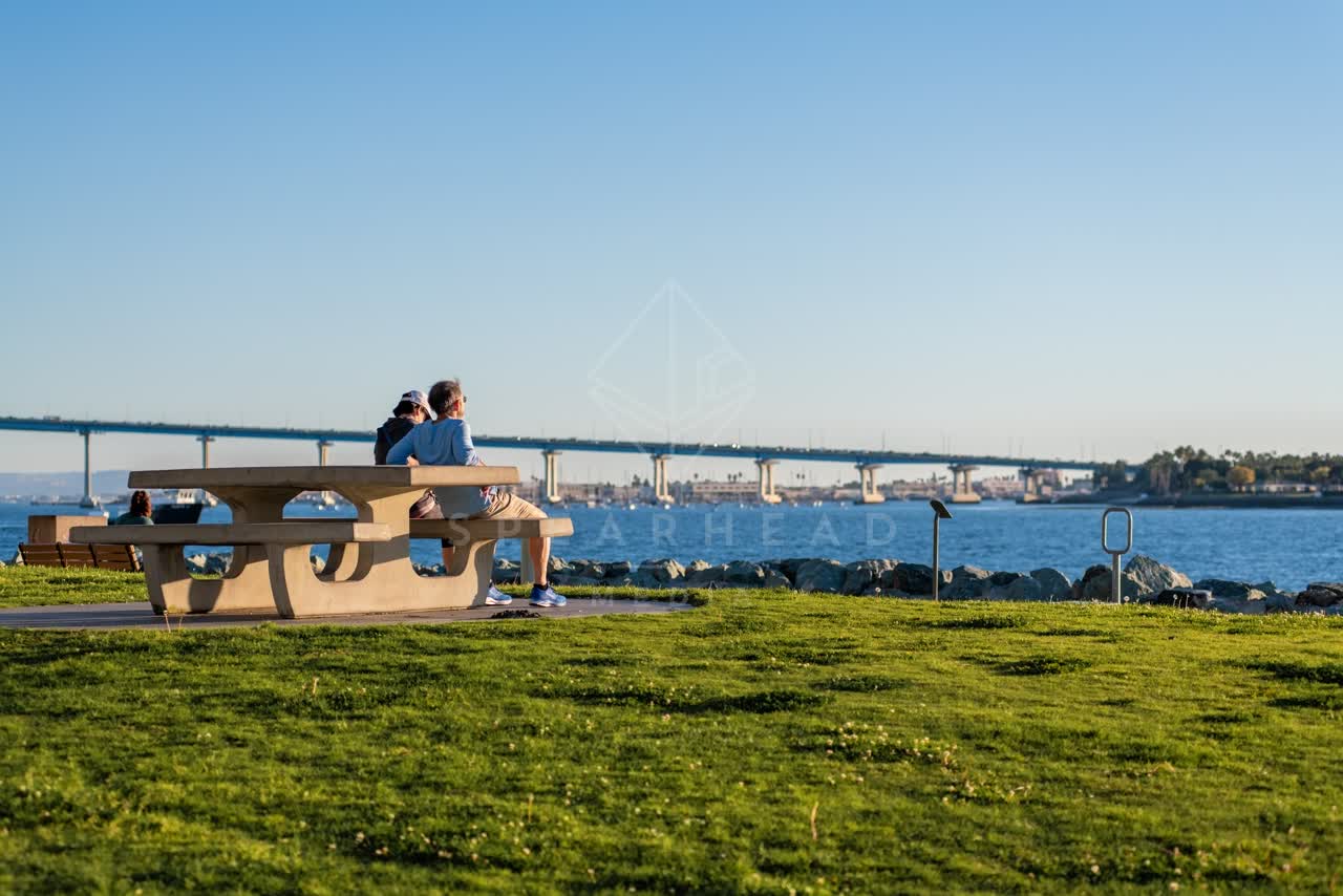 A park, the bridge and boats at Embarcadero, with a crowd gathered.