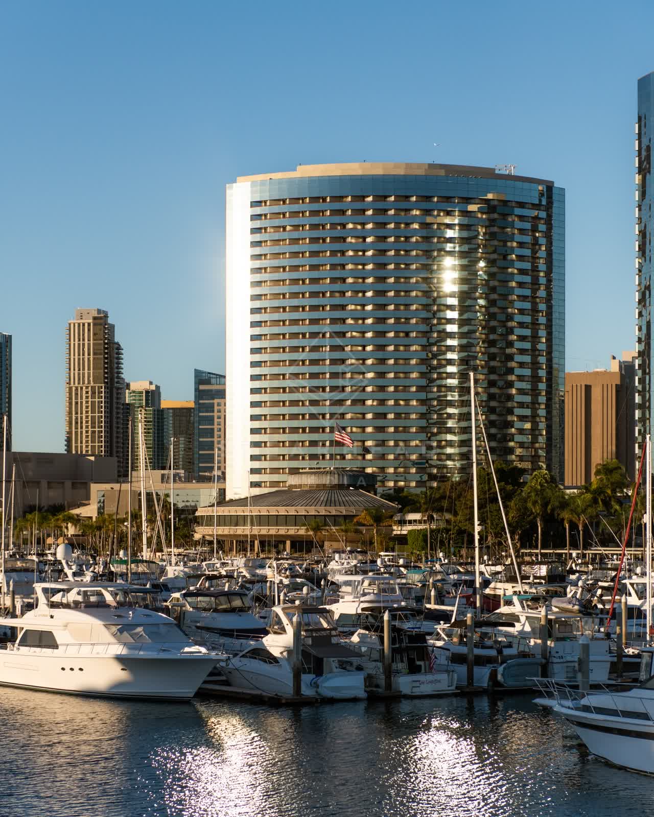 Elevated view of the harbor, the skyline and boats at Embarcadero.