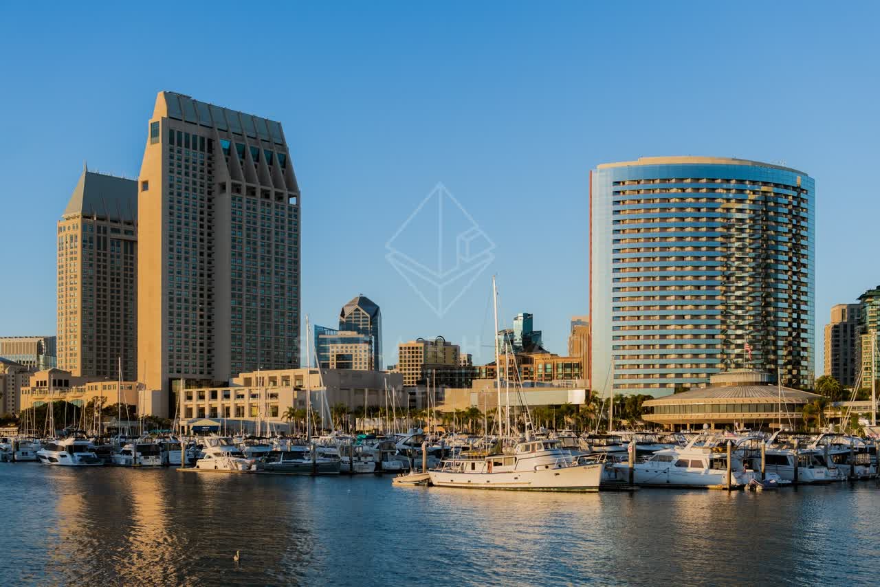 View from the water of the harbor, the skyline and boats at Embarcadero.