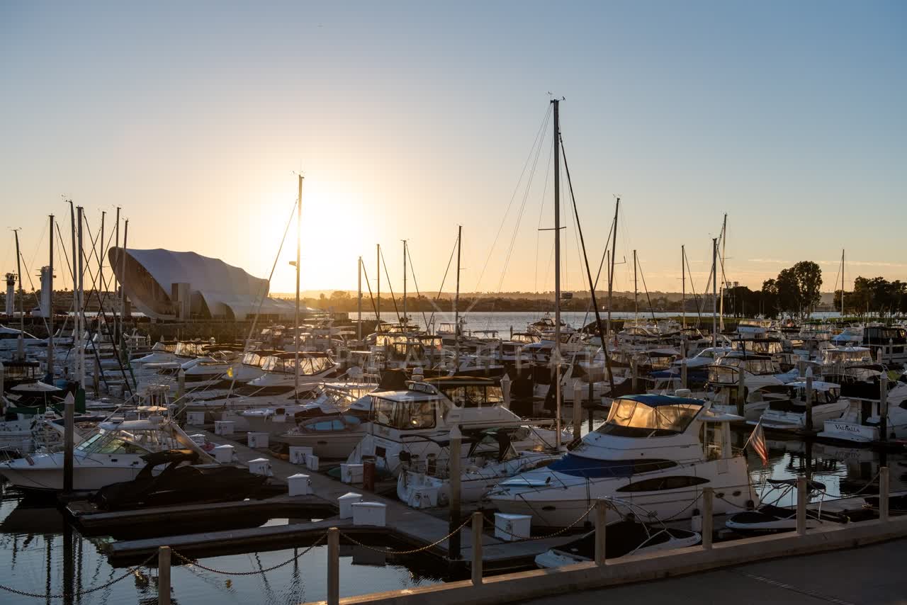 Elevated view of the harbor, boats and the bay at Embarcadero.