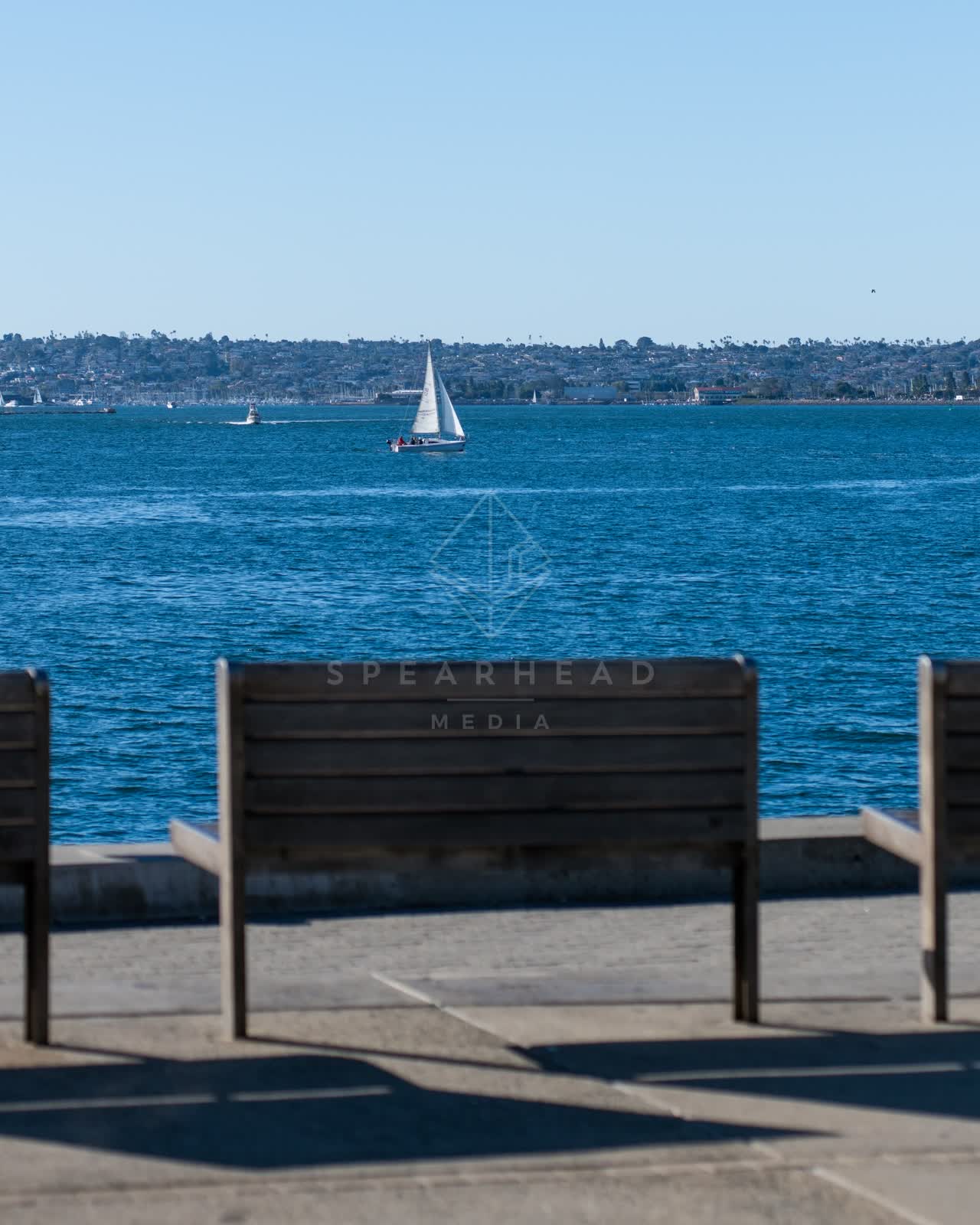 The harbor, boats and the bay at Embarcadero, with boats out.
