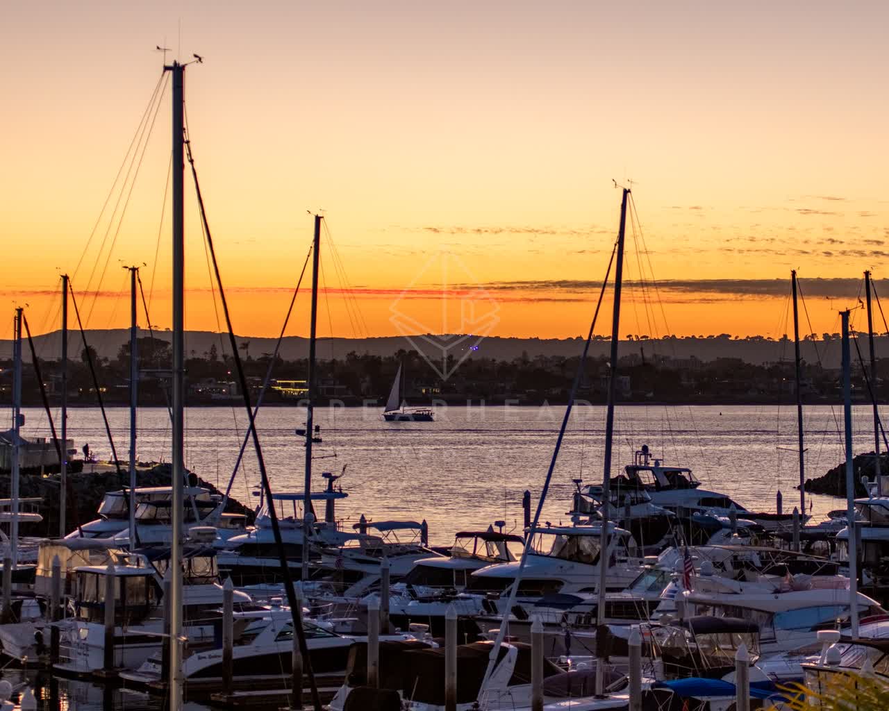 Elevated view of the harbor, boats and the bay at Embarcadero, with boats out.