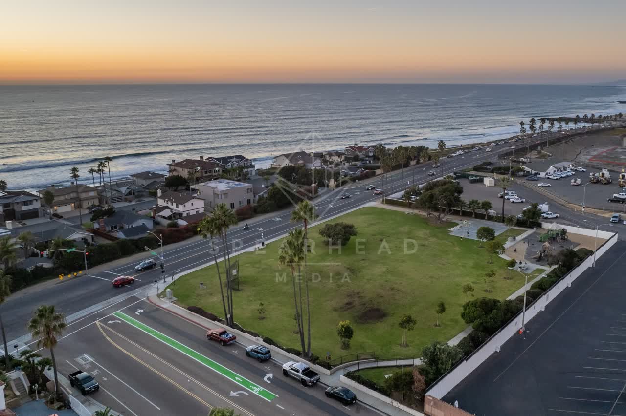 Aerial view of a residential street, palm trees and the ocean at Terramar Beach.