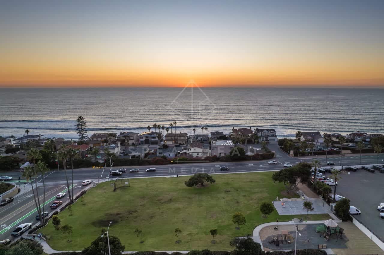 Aerial view of a residential street, the surf and palm trees at Terramar Beach.