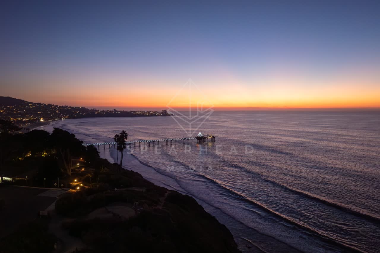 Aerial view of the beach, the pier and palm trees at La Jolla Shores.