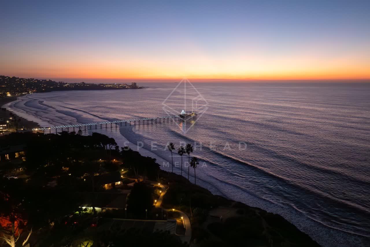 Aerial view of the beach, the pier and palm trees at La Jolla Shores.