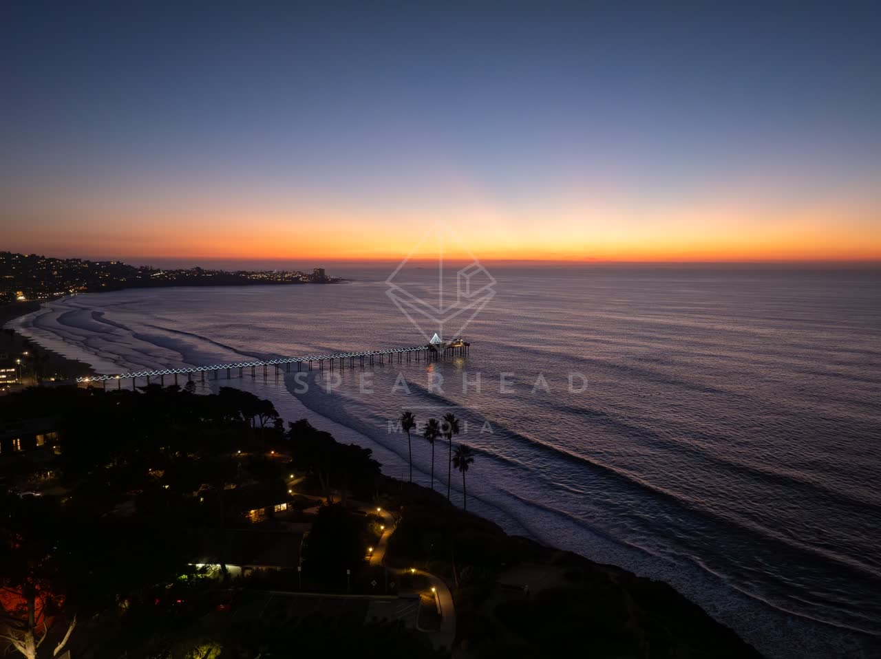 Aerial view of the beach, the pier and palm trees at La Jolla Shores.