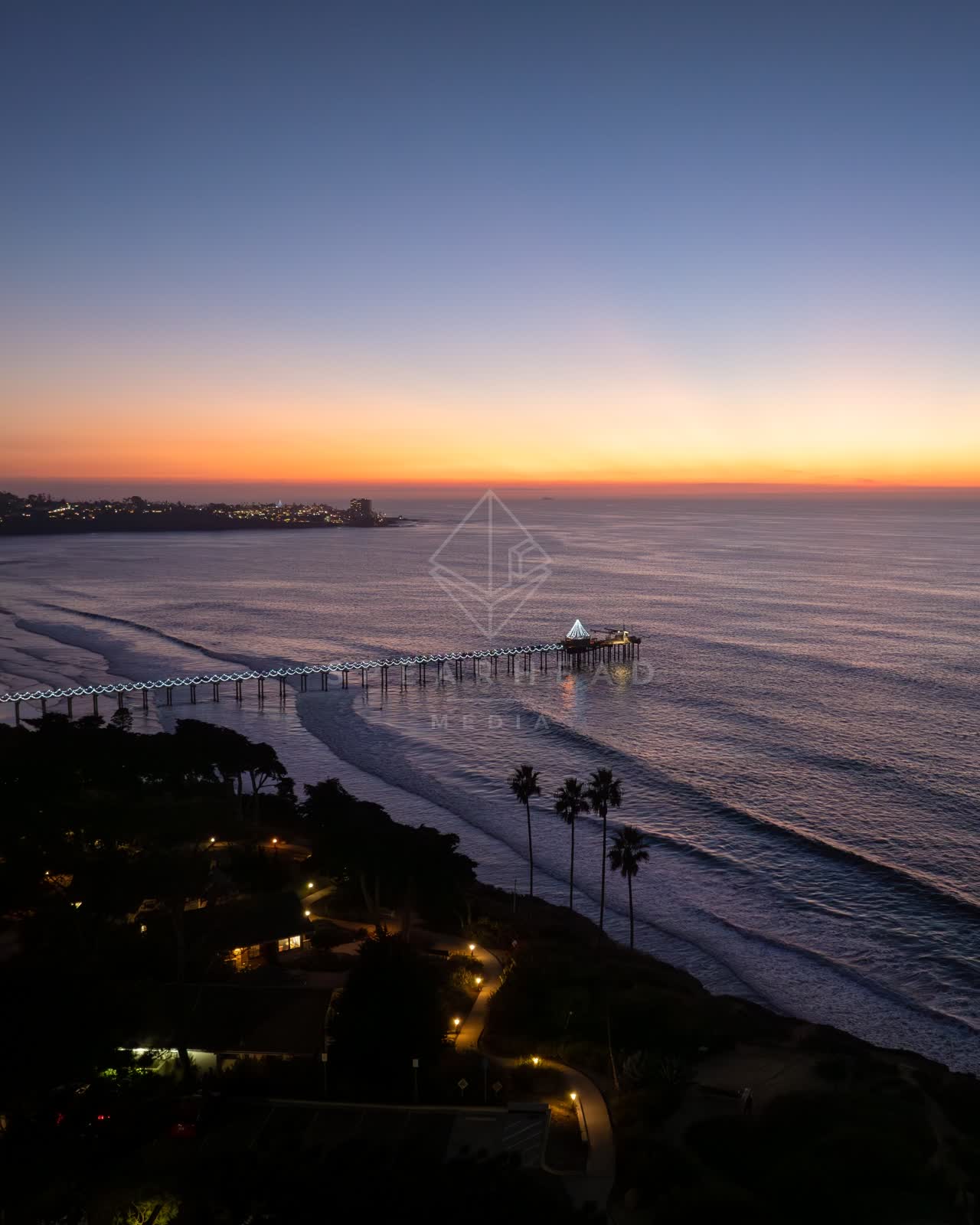 Aerial view of the beach, the pier and palm trees at La Jolla Shores.