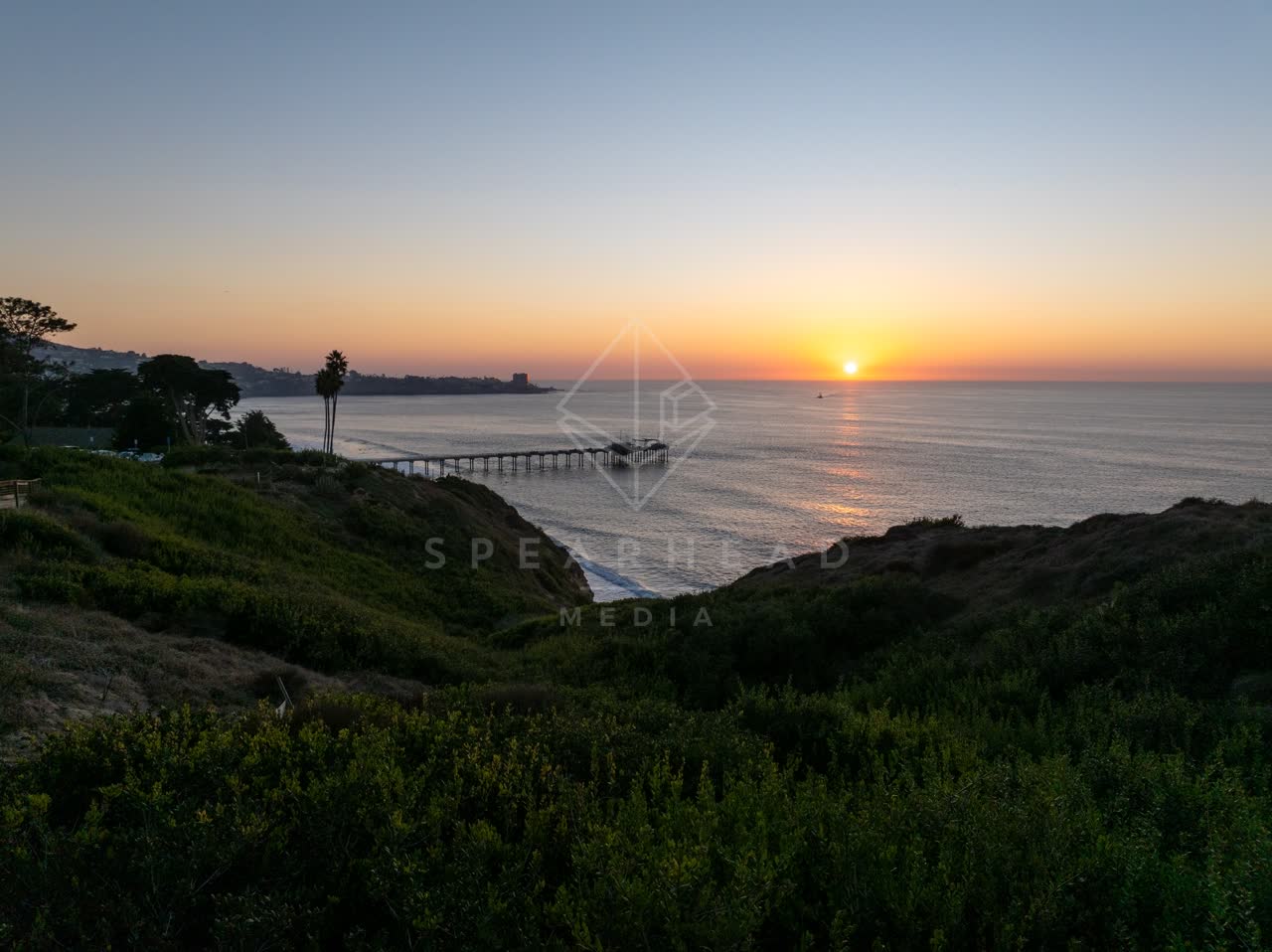 Elevated view of the cliffs, the pier and palm trees at La Jolla Shores.