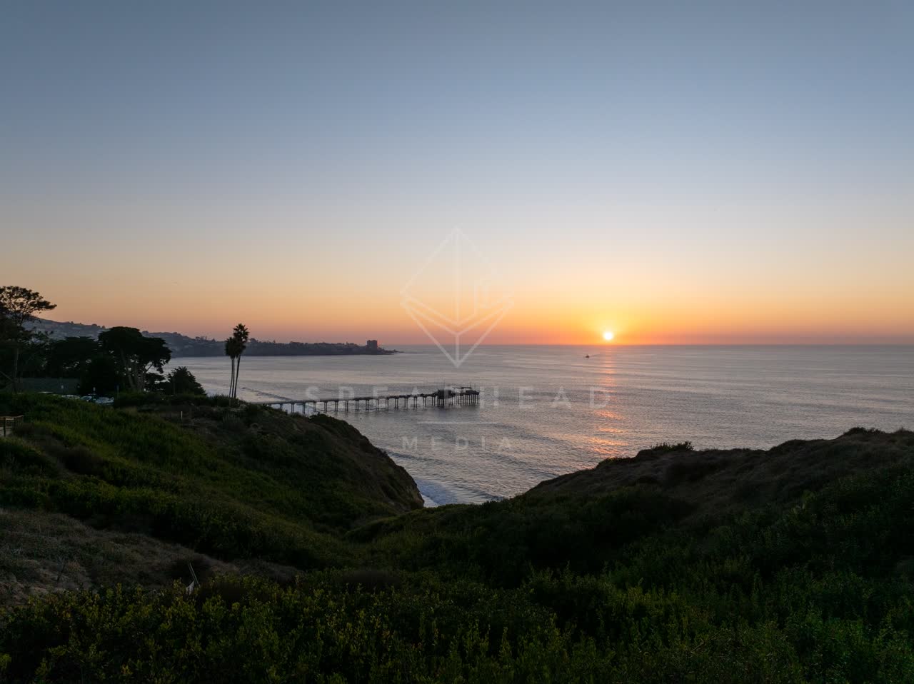 Elevated view of the cliffs, the pier and palm trees at La Jolla Shores.