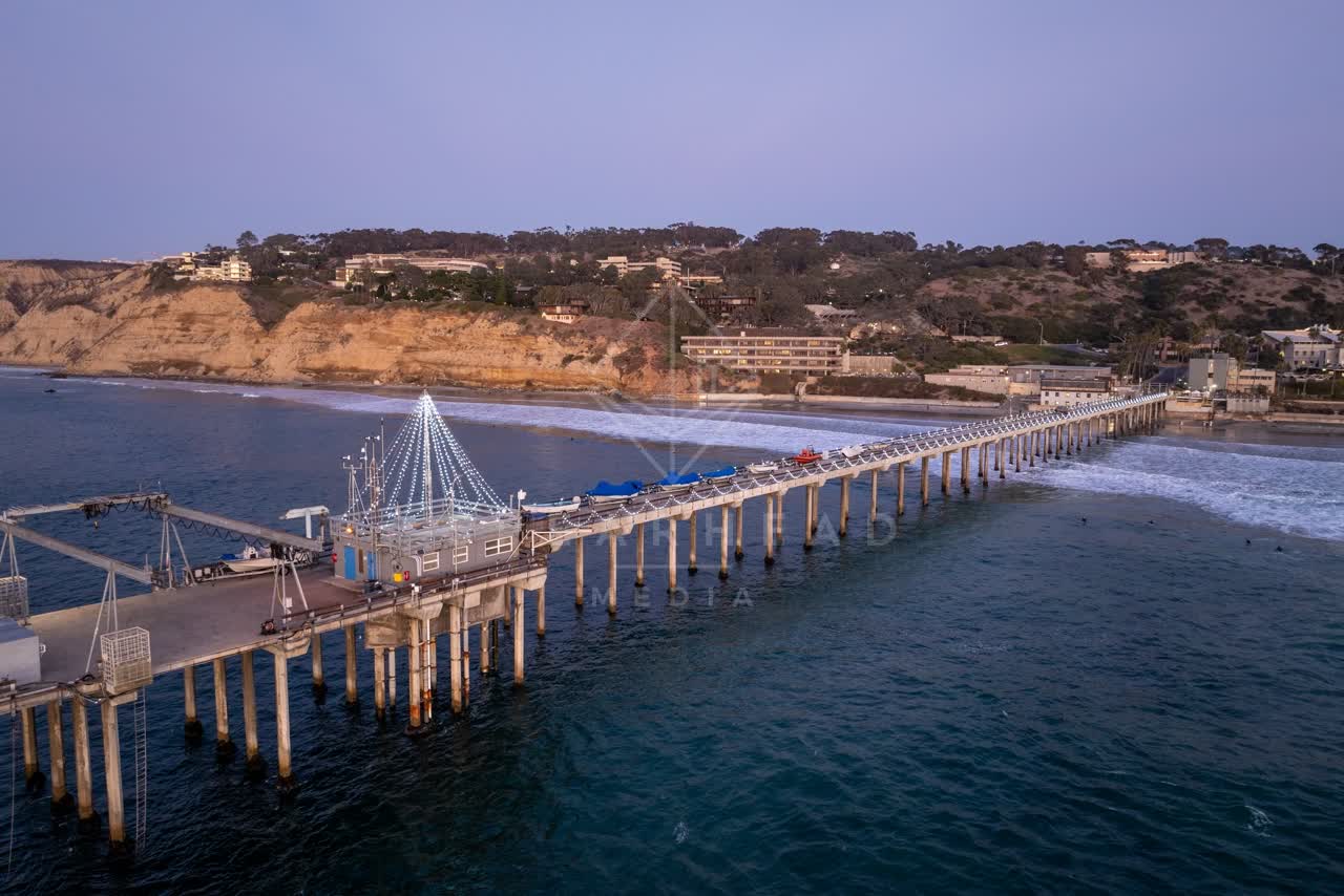 Aerial view of the beach, the surf and the pier at La Jolla Shores.