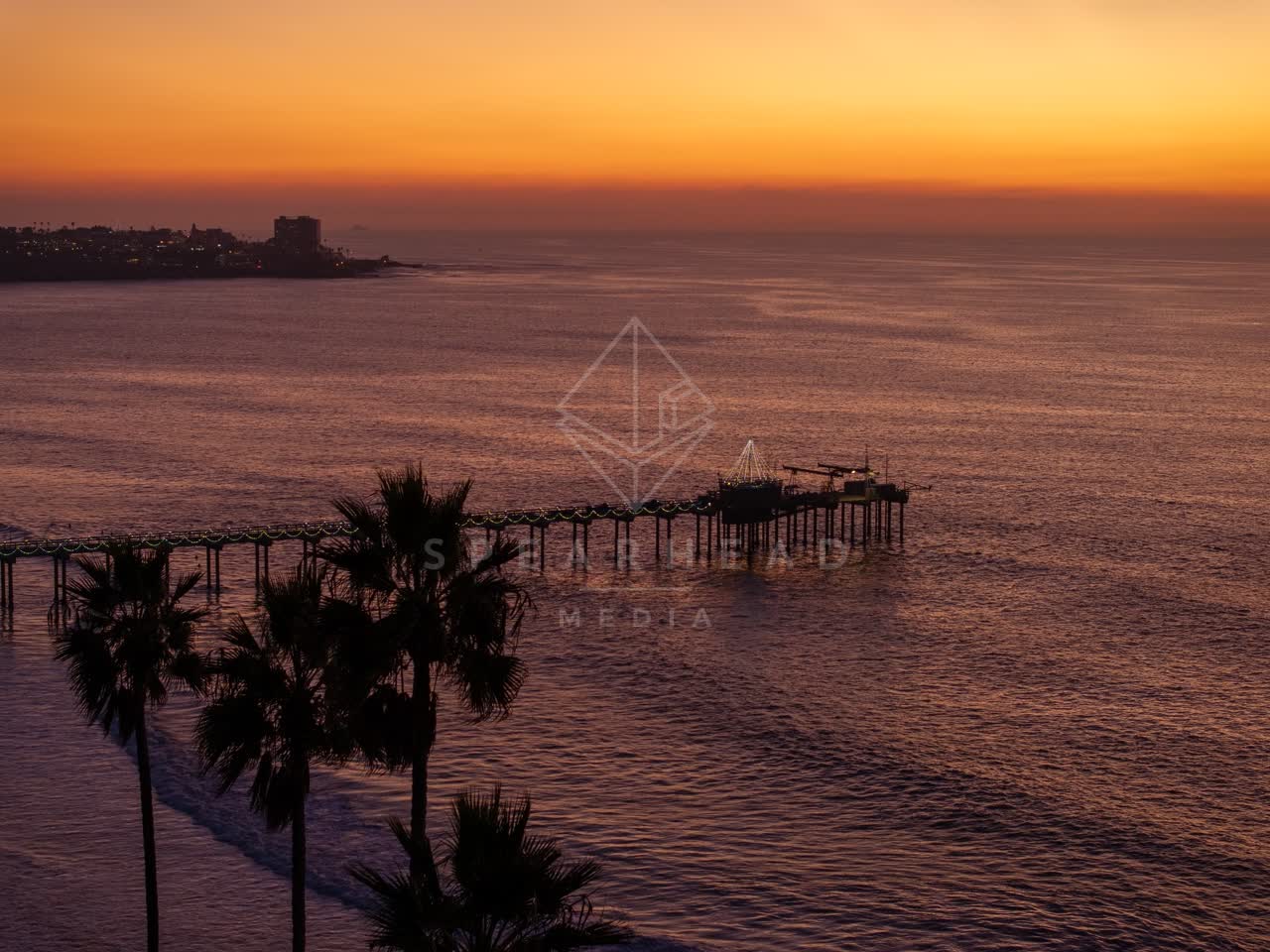Low aerial view of the beach, the pier and palm trees at La Jolla Shores.