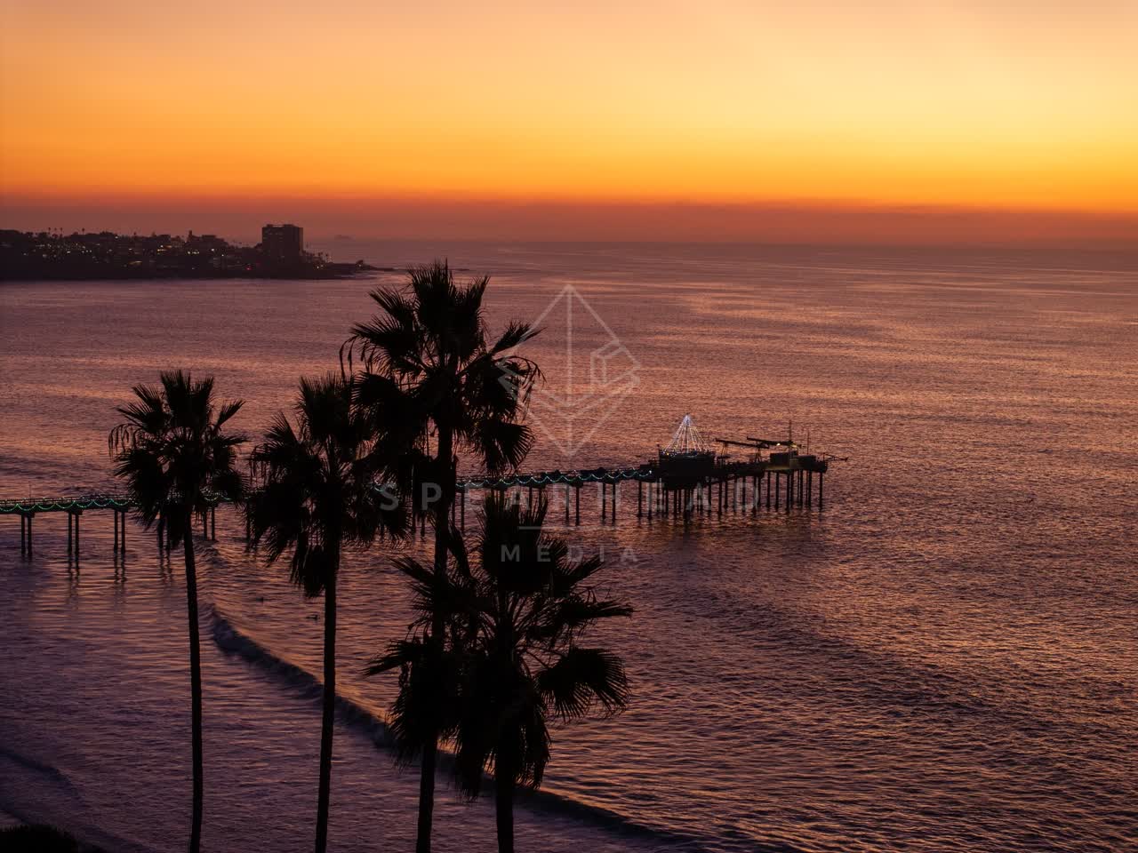 The cliffs, the pier and palm trees at La Jolla Shores.