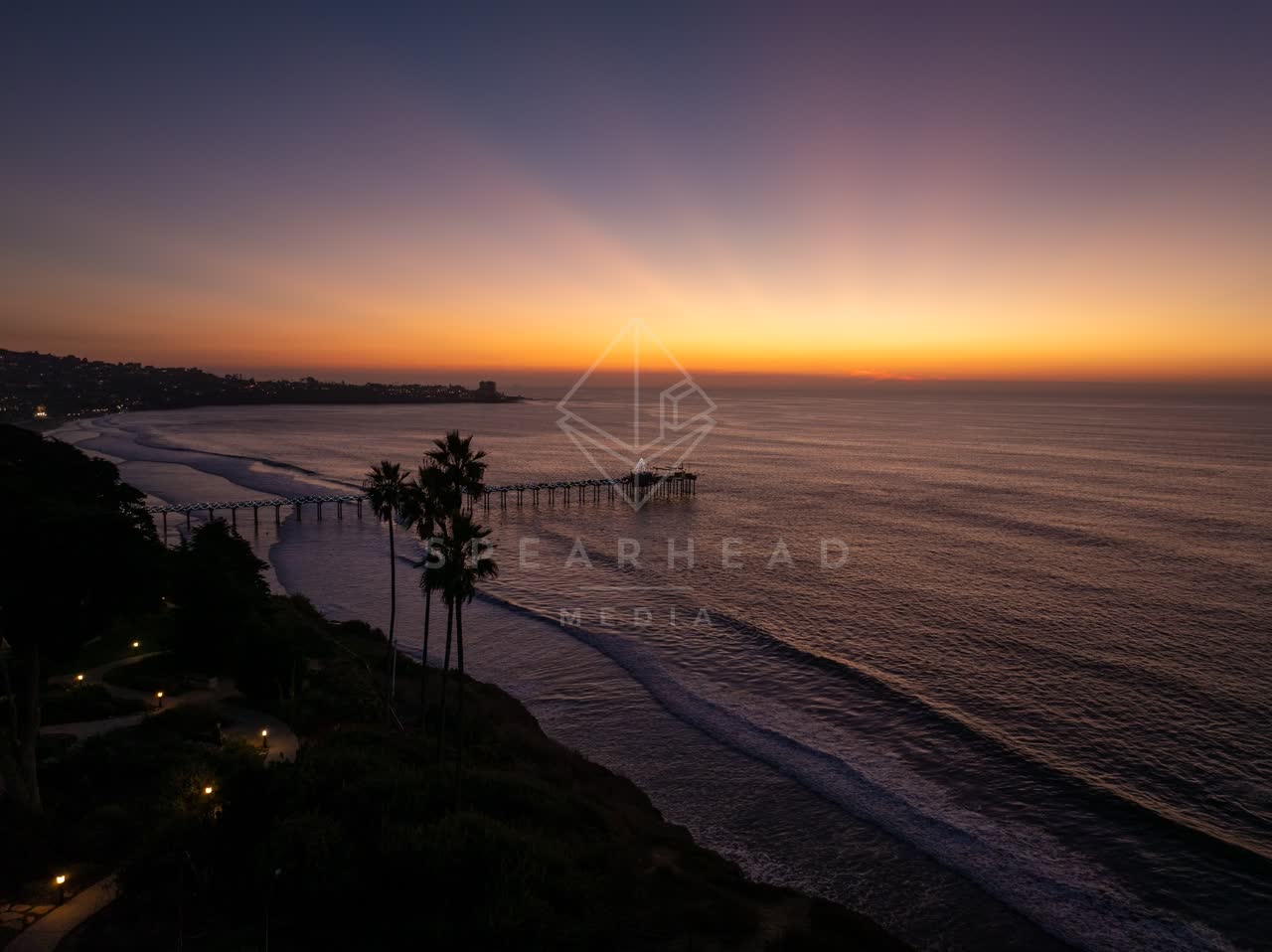 Aerial view of the cliffs, the pier and palm trees at La Jolla Shores.