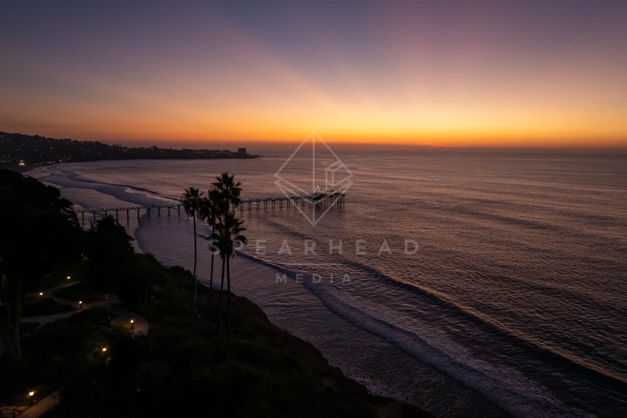 Aerial view of the cliffs, the pier and palm trees at La Jolla Shores.