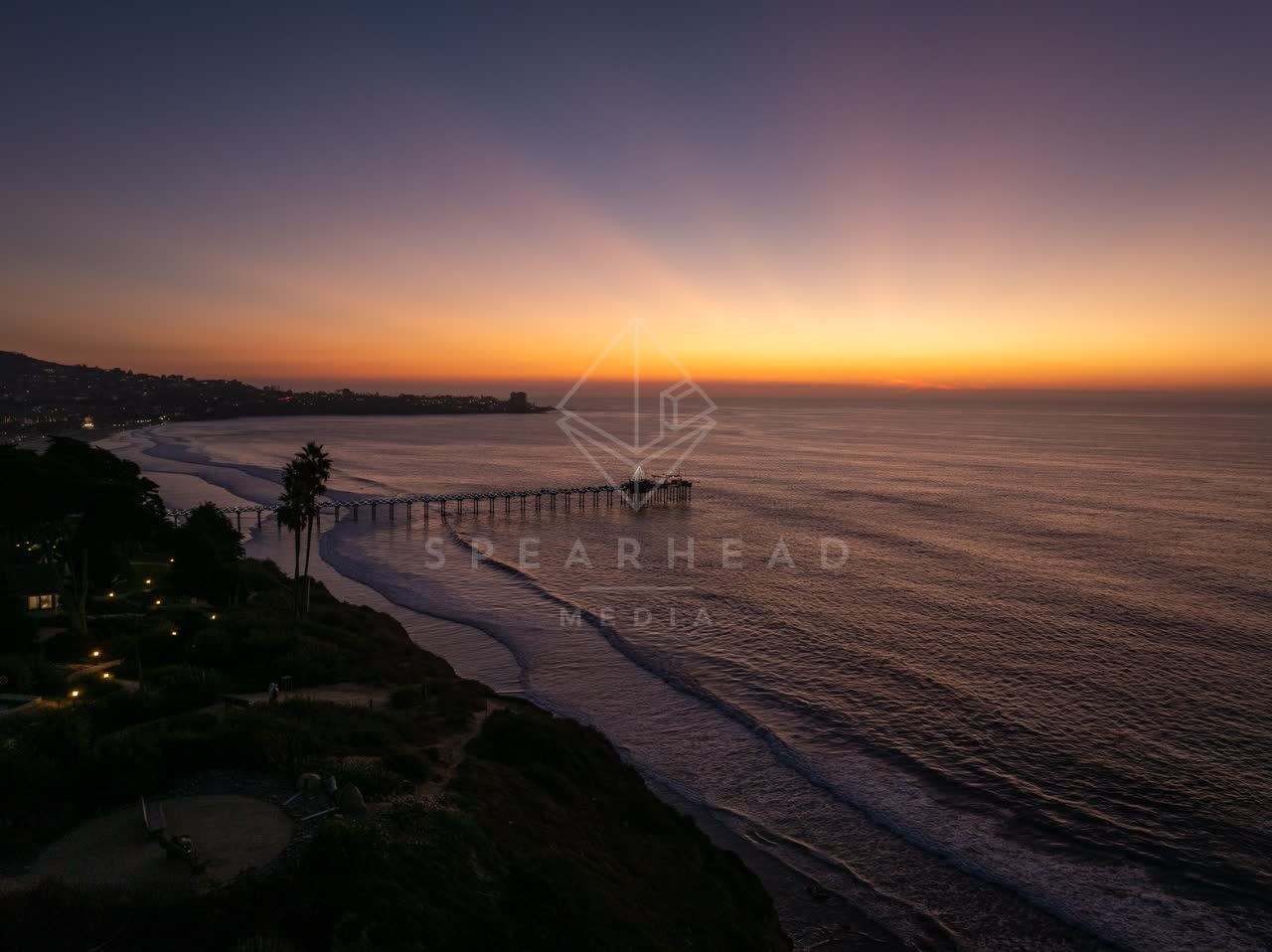 Aerial view of the cliffs, the pier and palm trees at La Jolla Shores.